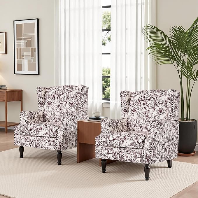 Wingback Chairs Set fo 2 High Back Floral Accent Chair in Fabric Comfy Upholstered Armchair with Nailhead Trim for Living Room Single Sofa Reading Chair for Small Spaces Bedroom-Plum