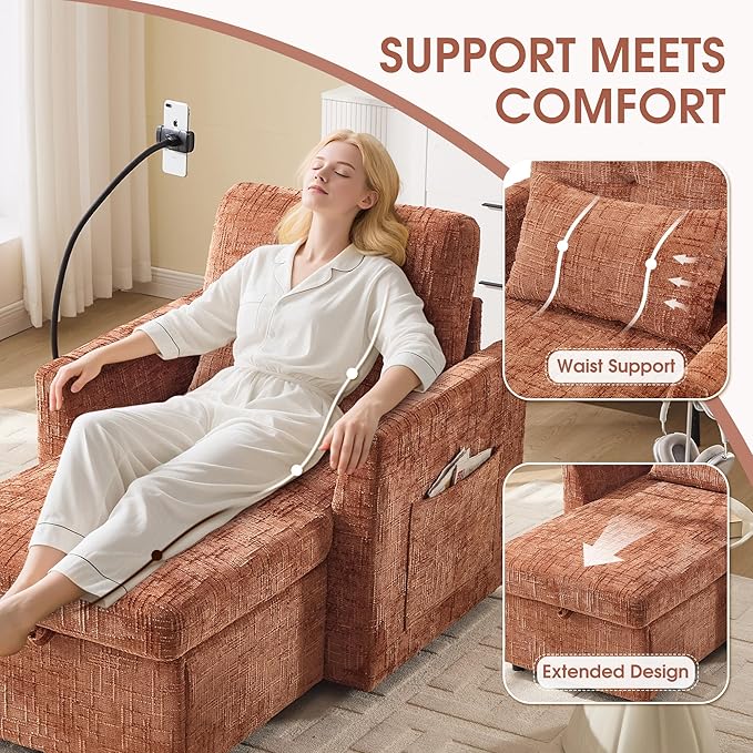 HOMEFUN Sleeper Chair Bed Lazy-Friendly Indoor Chaise Lounge with Storage Cell Phone Bracket Multifunctional Sofa for Bedroom Living Room Small Space Adults