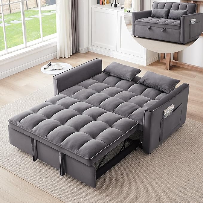 KEIKI 51.2 3-in-1 Convertible Sleeper Sofa Bed Pull-Out Futon Couch with Adjustable Back Side Pockets &amp Roller Legs Velvet Loveseat for Living Room or Bedroom Dark Gray