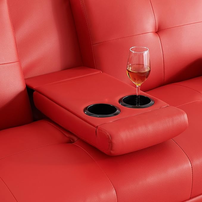 KEIKI 67 Leather Folding Futon Sofa w/Cup Holder &amp Adjustable Backrest Mid Century Modern Couch Loveseat Convertible to Sleeper Bed Comfy Cloud Couch SofaBed for Living Room &amp Bedroom Red