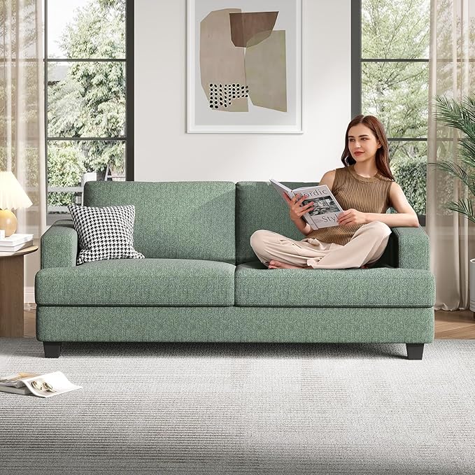 84 Inch Sofa with Extra Deep Seats Oversize Linen Fabric 2 Seater Sofa for Living RoomModern Couch and Loveseat Comfy Armrests and Seats and Backrests Easy Installation Light Green