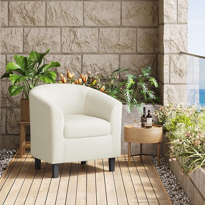 Topeakmart Corduroy Club Chair Modern Accent Chair and Cozy Barrel Chair with Sturdy Wood Legs for Living Room Bedroom Reception Room Beige