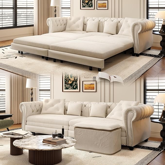 3-in-1 Pull Out Sofa Bed - 89 King Size Convertible Sleeper Sofa Large Velvet 3-Seater Sofa with Movable Ottoman Sleek Rivet Detailing Tufted Design Pull Out Couch (Beige)