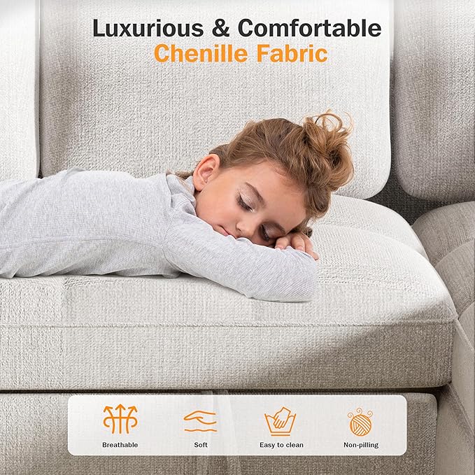 Sunny Heart Modular Sectional Sleeper Sofa with Pull Out Bed Chenille U Shaped Sectional Sofa with USB Ports/Adjustable Backrest/2 Storage Seats Tool-Free Assembly Couches for Living Room Beige