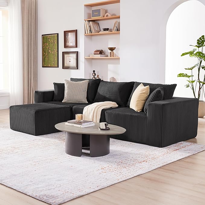 Cloud Couch Sectional Modular Sofa with Deep Seat Plush Corduroy U Shaped Boneless Couch Convertible Sectional Couches for Living Room (Black 3 Seater &amp 1 Ottoman)