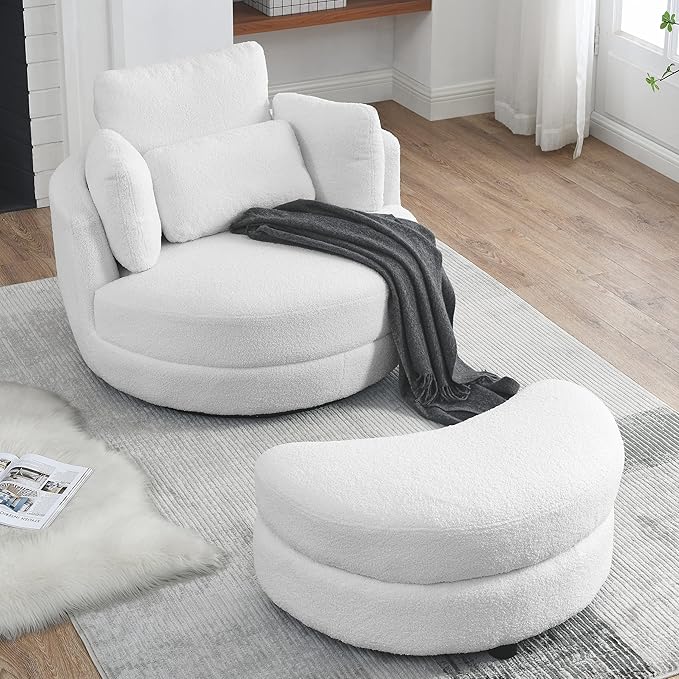 39 Swivel Barrel Chair Accent Chair with Storage Ottoman for Living Room Modern Round Upholstered Single Sofa Couch Chair for Apartment Bedroom Teddy Fabric White