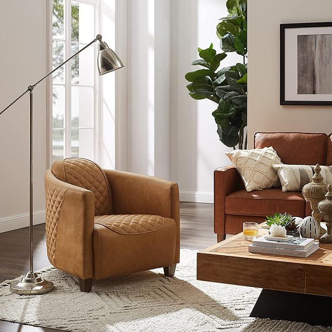 Zouron Genuine Leather Living Room Chair Mid Century Modern Single Sofa Chair with Wooden Legs Upholstered Barrel Accent Chair for Living Room Bedroom Home Office 1 Pcs Light Brown