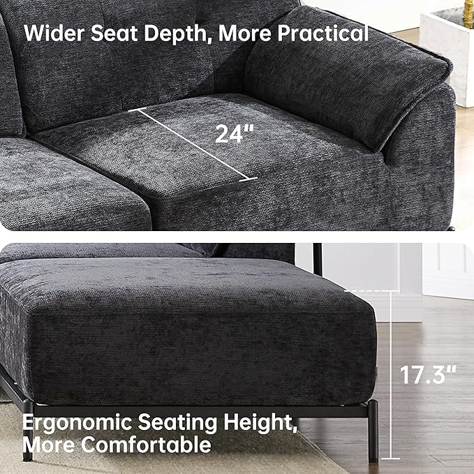 VKNOW 106 Couches for Living Room Modular Sectional Sofa with Wide Armrests and Solid Iron Frame Compressed Couch for Living RoomOfficeChenille FabricL-ShapedBlack
