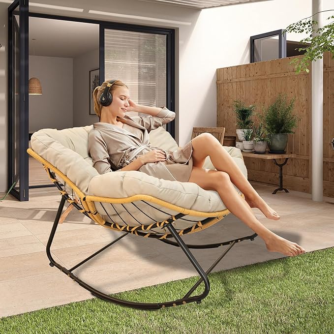 Oversized Large Rocker Chair for Adults Modern Portable Rocking Chairs for Living Room Indoor Outdoor Use Rocking Lounge ChairBeigeBlack