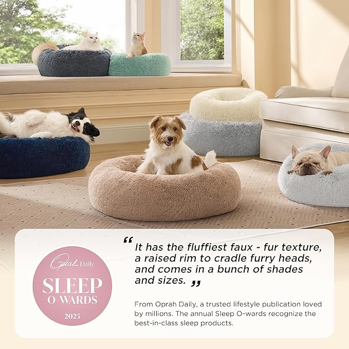Bedsure Calming Dog Bed for Small Medium Dogs - Donut Washable Medium Pet Bed 27 inches Anti-Slip Round Fluffy Plush Faux Fur Cat Bed Dark Grey
