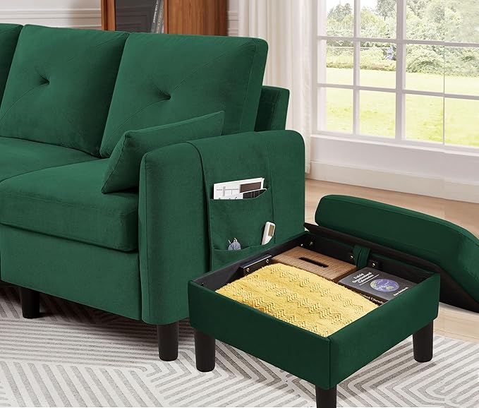 Small Sectional Sofa Convertible Sectional Sofa with Reversible Chaise Modern 3 Seat L-Shaped Sofa Couches for Living Room Apartment Office Green