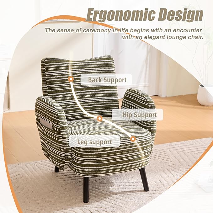Modern Upholstered Armchair with Side Storage Pocket Fabric Reading Chair with Solid Wood Legs Ergonomic Accent Chair for Living Room Bedroom &amp Office (Green)