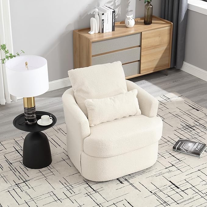 Swivel Barrel Chair Comfy Round Accent Sofa Chair for Living Room 360 Degree Swivel Barrel Club Chair Leisure Arm Chair for Nursery Hotel Bedroom Office Lounge (WhiteTeddy)