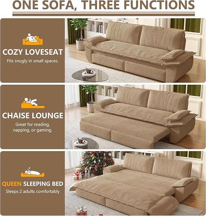 73.2 Futon Sofa Bed Queen Size Pull Out Bed 3-in-1 Convertible Sleeper Sofa with Cushion Armrest Modern Corduroy Futon Couch for Living Room Small Space Apartment Bedroom Camel