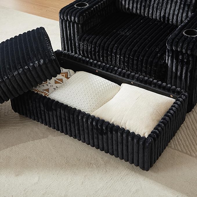 42.5 W Chaise Lounge Chair Indoor Oversized Corduroy Sleeper Chair with Wood Frame Upholstered Sofa Bed with Storage Ottoman &amp Armrest 2 Cupholders for Living Room Movie Room Bedroom