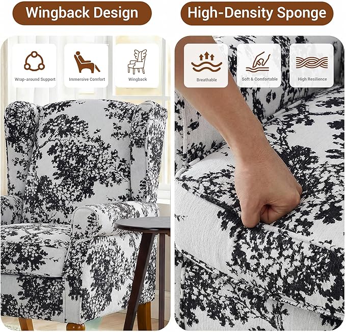 High Back Wingback Accent Chair Modern Upholstered Armchair Comfy Reading Chair with Solid Wood Legs for Living Room Bedroom Library Floral