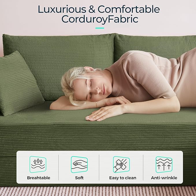 LINSY HOME Oversized Convertible Sofa Bed with 2 Pillows &amp Ottoman Corduroy Boneless Couch Folding Modular Sleeper Sofa L Shaped Couch Floor Sofa for Living Room Apartment Upgrade Backrest (Gre