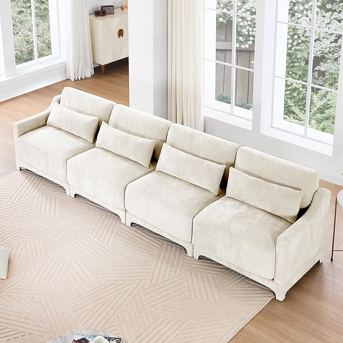 Modular Sectional Sofa Set Optional 2-4 Seater with Lumbar Pillows &amp 0-2 Ottomans Chenille Fabric Ergonomic Easy Assembly for Living Room/Bedroom/Reading Nook (4 SeatBeige)