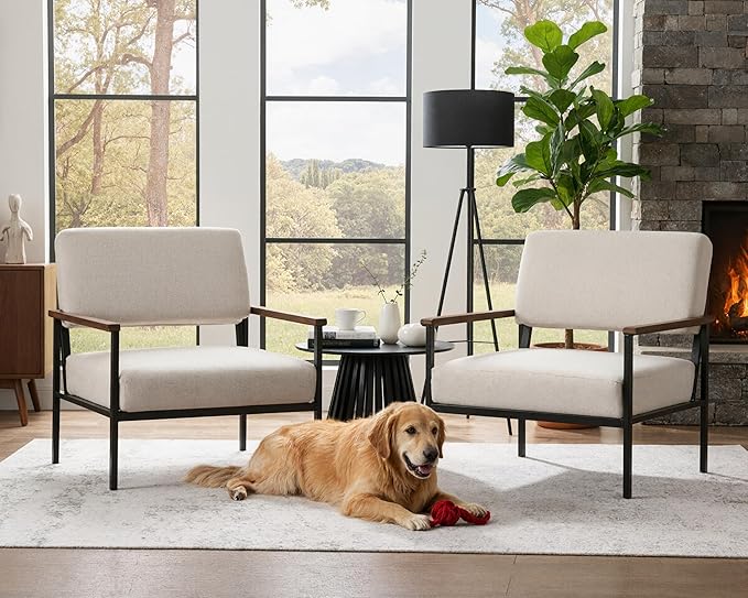 Mid Century Modern Beige Accent Chairs Set of 2 Comfy Arm Chairs with Black Metal Frame Soft Linen Fabric Upholstered Armchairs Living Room Chairs Lounge Chairs Reading Chairs for Bedroom/Office