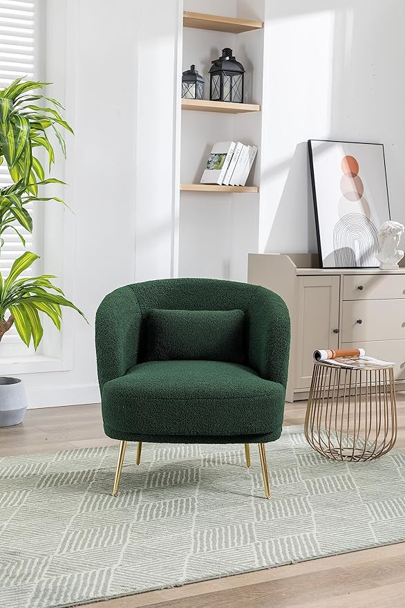 30.32 W Accent Chair Upholstered Curved Backrest Reading Chair Single Sofa Leisure Club Chair with Golden Adjustable Legs for Living Room Bedroom Dorm Room (Green Boucle)