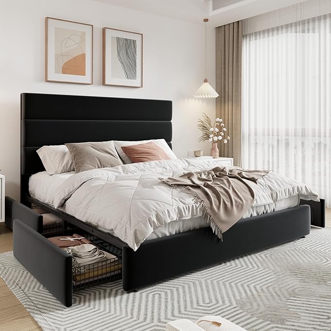 Allewie Modern Full Size Platform Bed Frame with 4 Storage Drawers and Velvet Upholstered Headboard Wooden Slats Support Upholstered Mattress Foundation/No Box Spring Needed/Easy Assembly Black