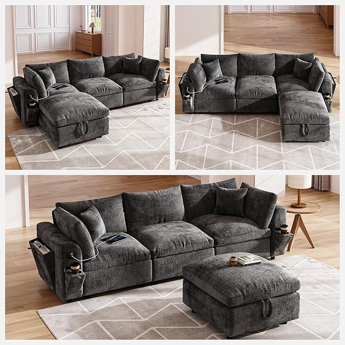 Cloud Modular Sectional Sofa L-Shaped 3-Seat Deep Seat with Storage Ottoman Solid Wood Frame Wide Armrests USB/Type-C &amp Cup Holders Modern Chenille Couch for Living RoomDark Gray
