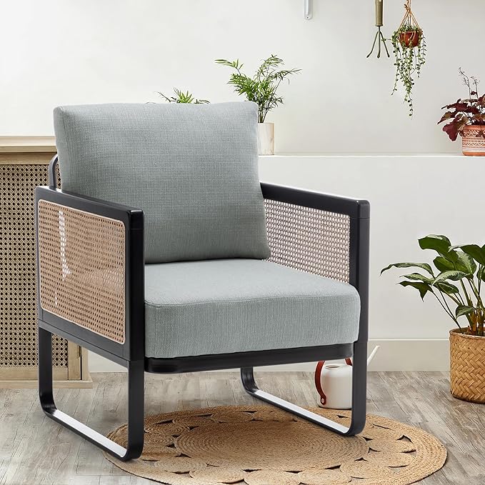 WENTMENT Modern Accent Chair Sofa Chair with Natural Rattan Armrest and Removable Backrest Upholstered Living Room Chair Comfy Lounge Chair for Reception Room/Hosting Room/Bedroom (Grey)