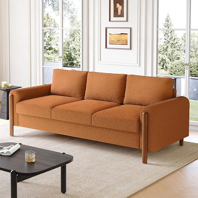 Merax 83.86 3-Seater Sofa Curved Armrest with Integrated Solid Wood Legs Teddy Velvet Fabric High Weight Capacity (250 lbs/seat) Durable Solid Wood Frame Orange