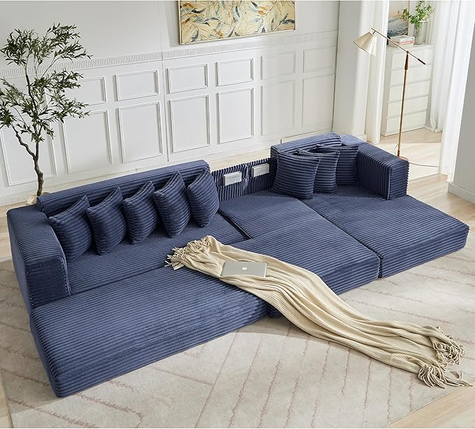110 Oversized L Shaped Convertible Sleeper Sofa Bed Corduroy Folding Sectional Sofa with 8 Pillows &amp Storage Bags Modern Floor Mattress Couch for Living Room Small Spaces Blue Right Chaise