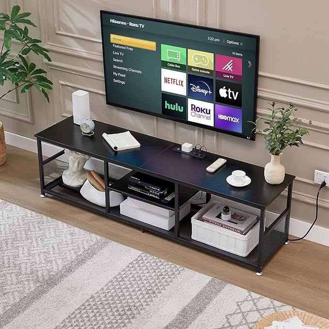 VECELO TV Stand with Power Outlets for Televisions up to 75Inch 62 Media Entertainment Center with Charging Station 3-Tier Open Storage Shelves with Metal Frame for Living Room/BedroomBlack