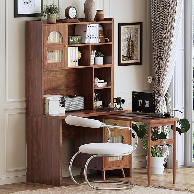 Modern Computer Desk with Hutch Drawer Shelves Storage Cabinet and 90° Rotating Desktop Executive Working Desk Gaming Desk Writing Desk for Home Office Study Room Living Room