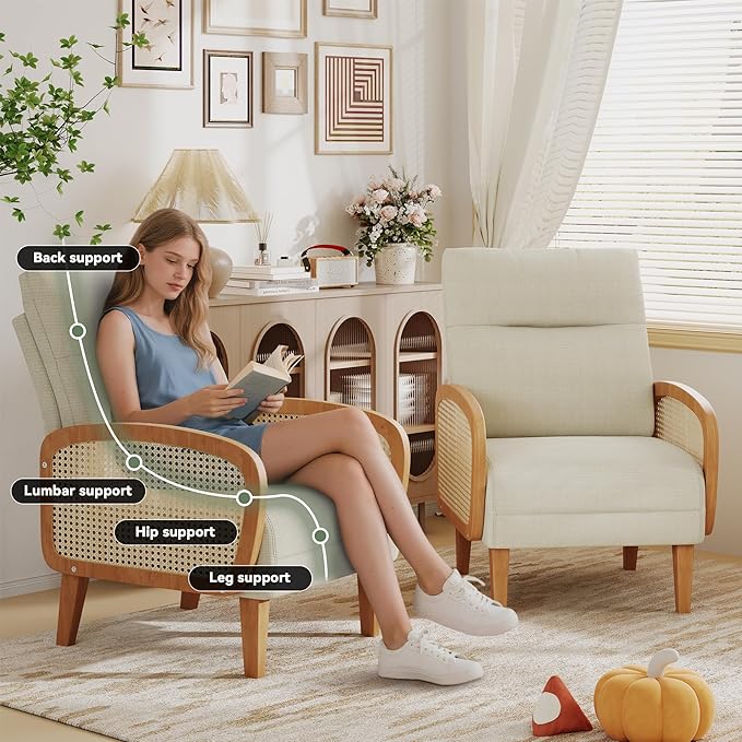 Andeworld Accent Chair Set of 2Upholstered Modern Living Room Chairs with Natural Rattan Arm Linen Fabric Arm Chair with Wooden Legs for Bedroom Club Balcony Reception Ivory