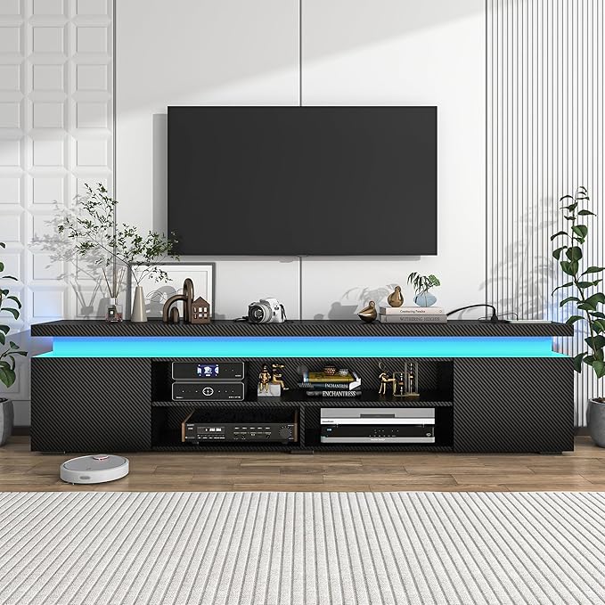 LED TV Stand for 95 Inch TV Modern TV Stand with Power Outlet TV Console Entertainment Center with Storage and LED Lights for Living Room Bedroom (83 Inch Black Carbon Fiber)