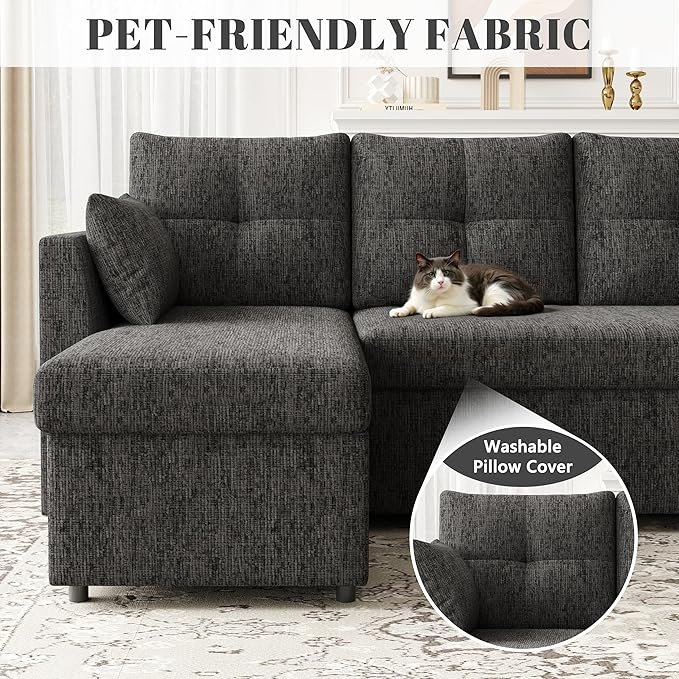 Oversized Sleeper Sofa Couch 110 inch 2 in 1 Pullout Couch Bed with Side Pockets for Living Room Sectional Sleeper Sofa Bed with Double Storage Chaise Black