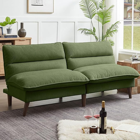 72 Futon Sofa Bed Convertible Futon Couch with Adjustable Backrest Modern Corduroy Sleeper Sofa for Small Spaces Living Room Office Green