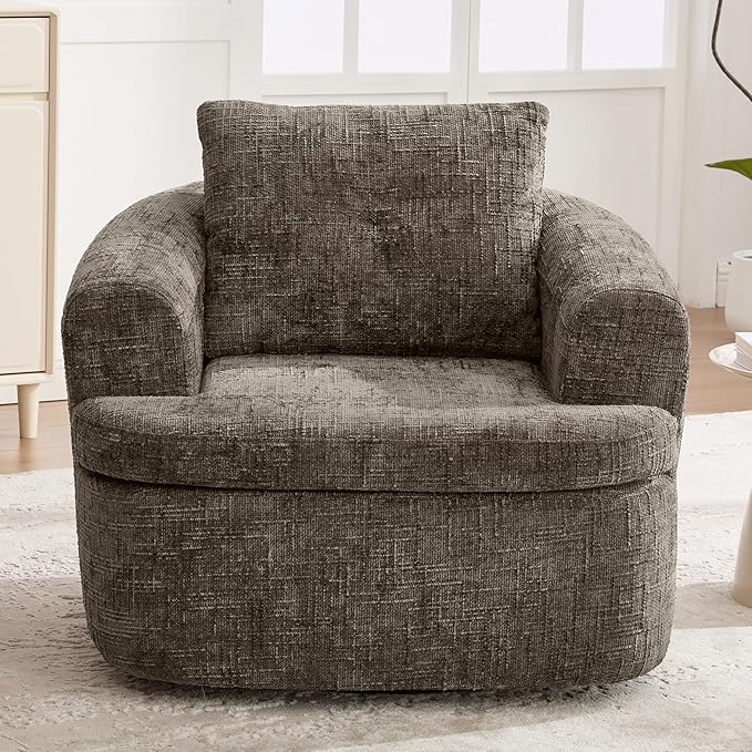 Merax 360° Swivel Sofa Chair Chenille Fabric Accent Barrel Chair 36.6 Swivel Round Chair with Dual-Layer Cushion Design for Living Room Bedroom Office and Hotel Brown