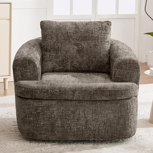 Merax 360° Swivel Sofa Chair Chenille Fabric Accent Barrel Chair 36.6 Swivel Round Chair with Dual-Layer Cushion Design for Living Room Bedroom Office and Hotel Brown
