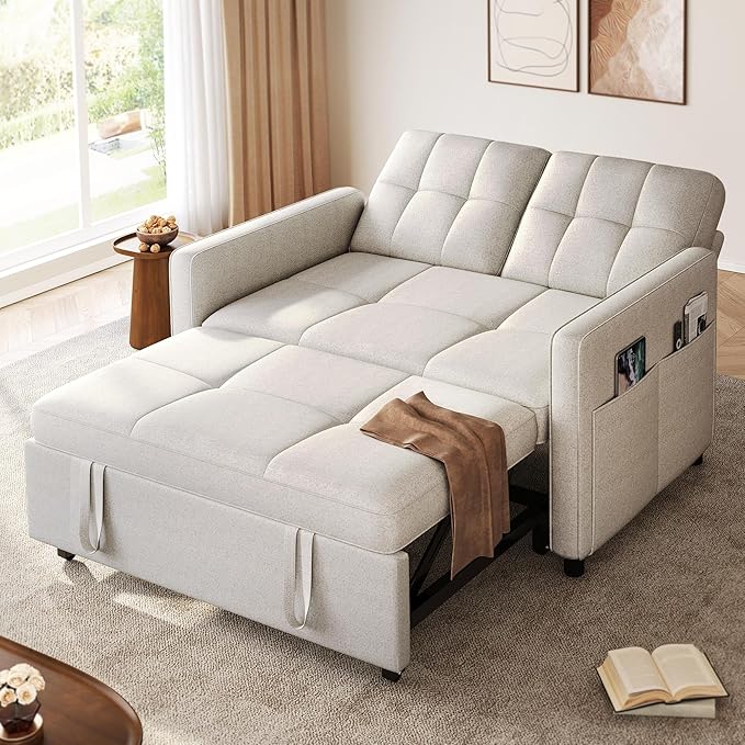 DWVO 55 Convertible Sofa Bed 3-in-1 Sleeper Sofa with Pull-Out Bed Linen Futon Couch with Adjustable Backrest and Side Pocket Modern Loveseat for Living Room Apartment Light Beige