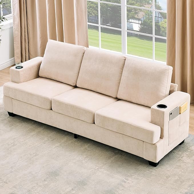 Garvee Chenill Sofa for Living Room 89-Inch Comfy Couches with Deep Seat Modern 3-Seater Sofa Couch with Cup Holders and Side Storage Pockets for Apartment Lounge Beige
