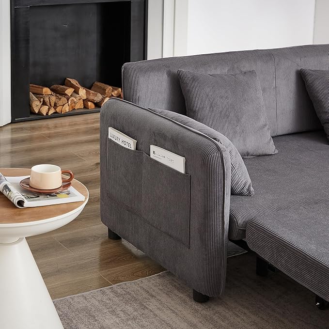 Ball &amp Cast 66 Convertible Sofa Bed3-in-1 Corduroy Loveseat Sleeper Pull Out Couch Bed with Pillows and Side Pockets Deep Seat Comfy Sofa Couches for Living RoomApartmentGrey