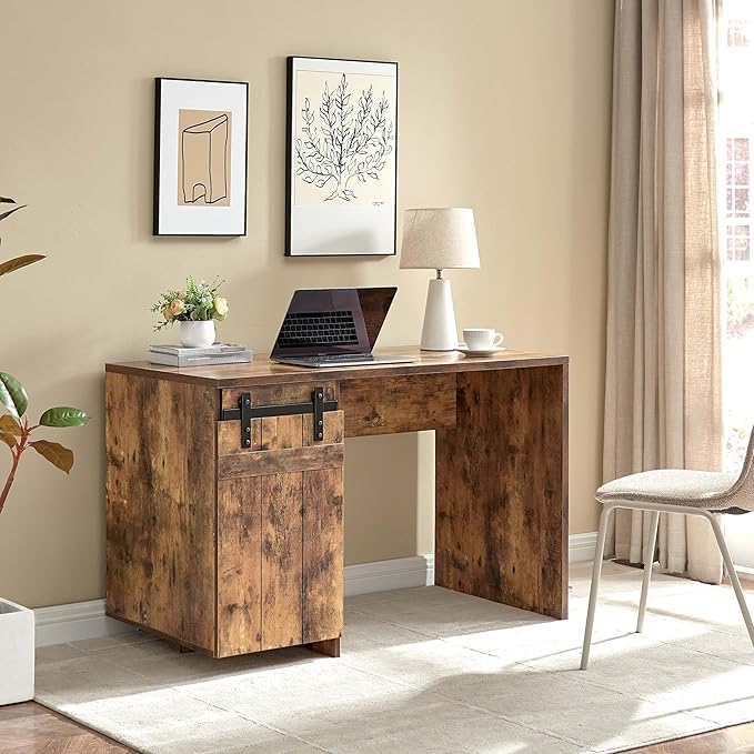 Home Office Desk Distressed Wood One Cabinet Three Shelves Faux Barn Door on Metal Euro Hinges Modesty Panel