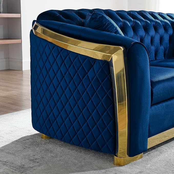 81.1 Chesterfield Sofa Couch Velvet Sectional Sofa Couch for Living Room 3 Seater Couch Button Sofa with Stainless Steel Gold Plating Decoration with 2 Pillows Blue &amp Gold