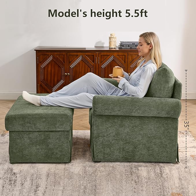 Living Room Chairs with Ottoman Small Accent Chair for Bedroom Single Sofa Couch with Chenille Fabric for Apartment and Small Places (Green)