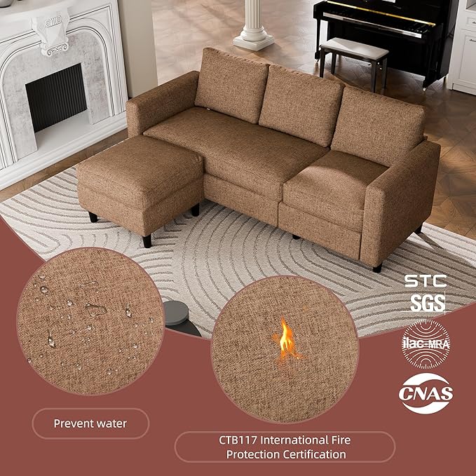 JAMFLY Sectional Sofa Couch Convertible L Shaped Sofas with Ottoman Small Sectional Couches for Living Room 3 Seater Couch for Small Spaces Brown