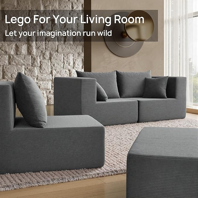 YINIX 140 Modular Sectional Sofa Couches Corduroy Sleeper Deep Seat Sofa Bed Comfy Cloud Couch for Living Room Floor Sofa 6 Piece Free Combination Compression No Assembly Required Grey