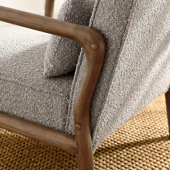 Modway Charlie Boucle Upholstered Wood Accent Armchair in Taupe – Mid-Century Modern Chair with Cushion – Cozy Reading Chair with Solid Wood Frame – Fabric Upholstered Armchair for Living Room