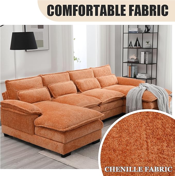 110'' U-Shaped Sectional Couch Modern Chenille Extra Large Modular Sofa with 4 Cushions Memory Foam Funiture Set with Double Lounger for Living Room Office Reception Room Orange