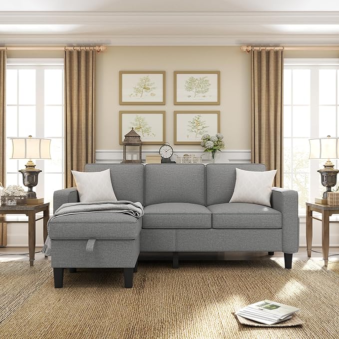 Couch for Living Room - 78'' Beige Linen 3 Seat L-Shaped Sectional Sofa Couches with Storage Ottoman - Modern Small Space Upholstered Furniture Sofa Set for Office Small Space Apartment (Grey-Linen)