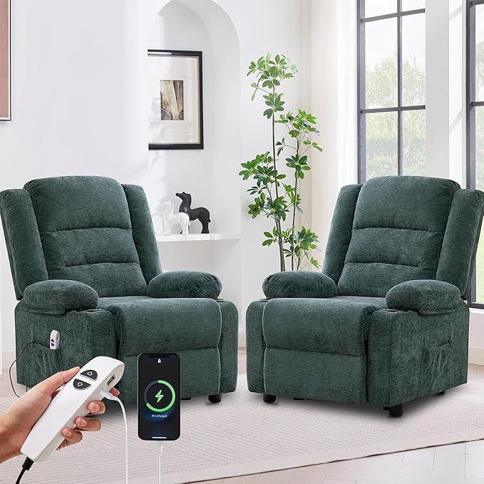 Power Recliner Chair with Cup Holders Electric Recliner Chair for Adults Living Room Reclining Chair Home Theater Seating Lounge Chair (2 Green)