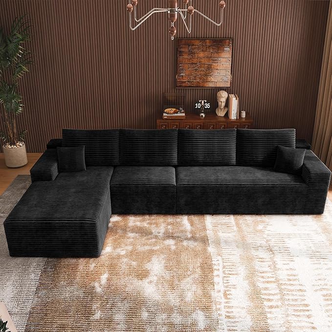 3-Piece Boneless Modular Sectional Sofa Cloud Couch with Left Facing Chaise Oversized Deep Seat Soft Corduroy Fabric Sectional Couch for Living Room-blackb